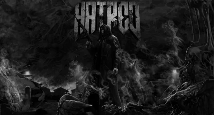HD PC desktop wallpaper for the video game Hatred, featuring a dark, ominous figure holding guns amidst a smoky, chaotic background with the game's title above.