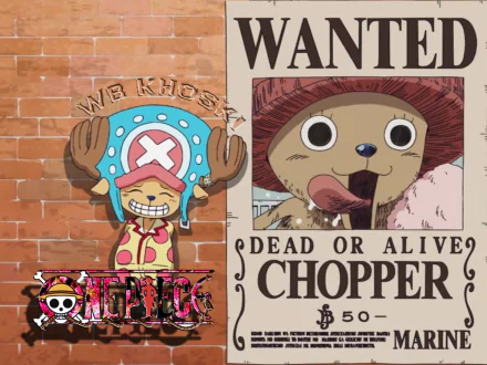 A vibrant HD wallpaper featuring Tony Tony Chopper from the anime One Piece, showcasing his wanted poster and playful expression against a colorful background.