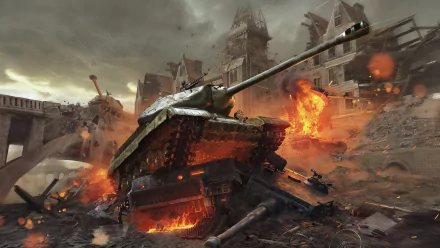 A dramatic HD wallpaper featuring a tank in battle amidst an explosion, set in the chaotic backdrop of war and destruction, inspired by the video game World of Tanks.