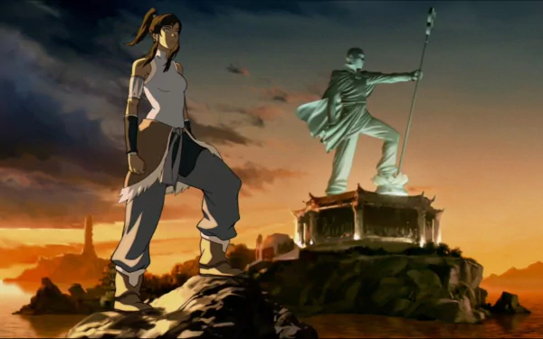 HD wallpaper of Korra from The Legend of Korra standing beside a statue at sunset.