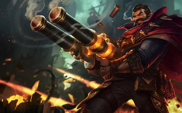 A high-definition wallpaper featuring Graves from League of Legends, showcasing his iconic dual cannons amidst a dramatic and explosive background.