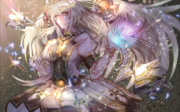 A stunning HD wallpaper featuring Eve from the video game Elsword, showcasing her ethereal beauty and magical powers surrounded by sparkles and light.