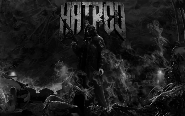HD PC desktop wallpaper for the video game Hatred, featuring a dark, ominous figure holding guns amidst a smoky, chaotic background with the game's title above.