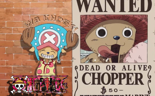 A vibrant HD wallpaper featuring Tony Tony Chopper from the anime One Piece, showcasing his wanted poster and playful expression against a colorful background.