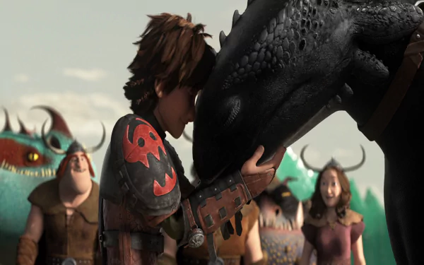 Hiccup and Toothless share a touching moment in this HD desktop wallpaper from How to Train Your Dragon 2, with other characters standing in the background.