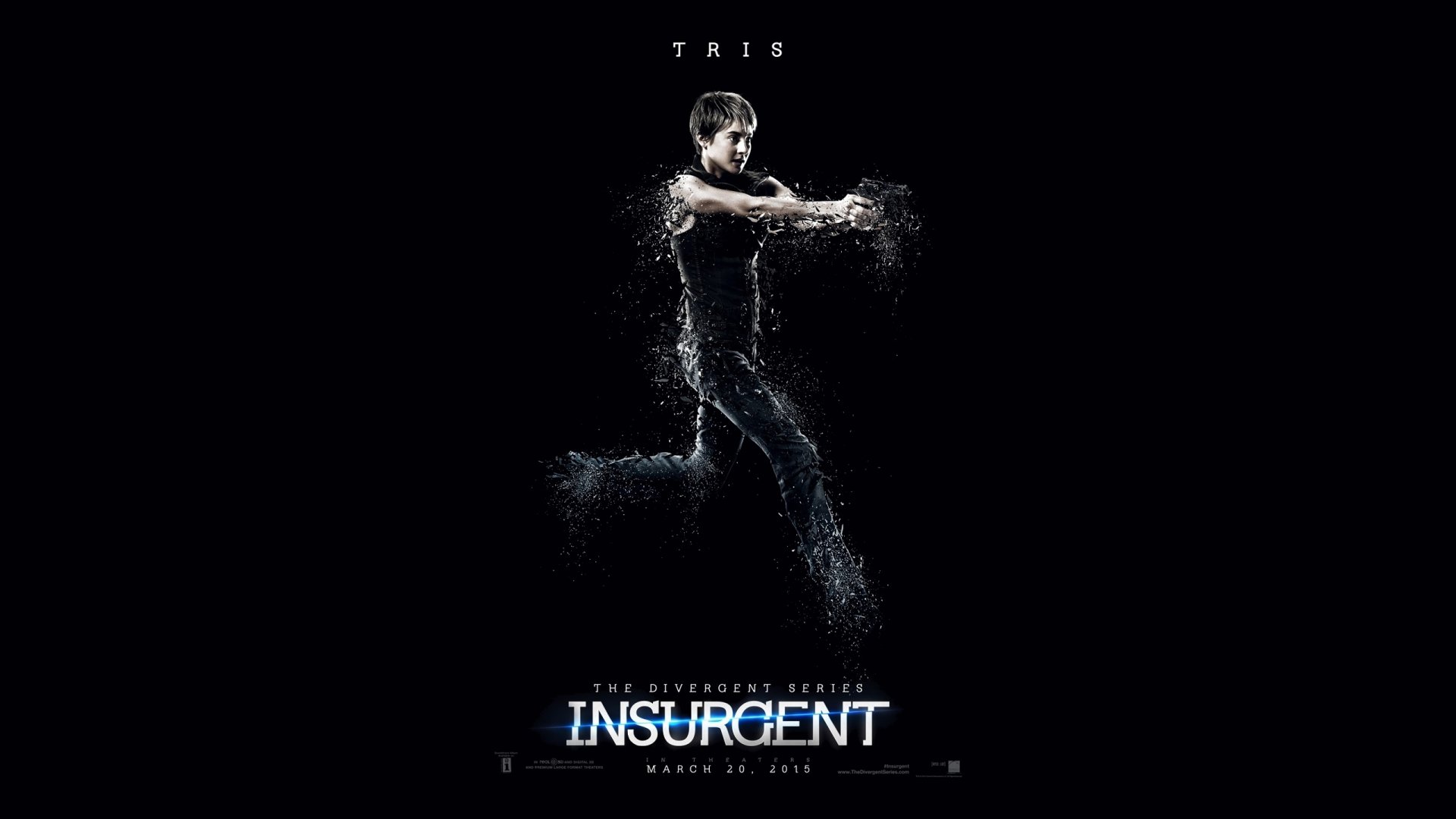 HD PC desktop wallpaper featuring a dynamic image of Tris from the movie Insurgent with a dark background and fragmented visual effects.