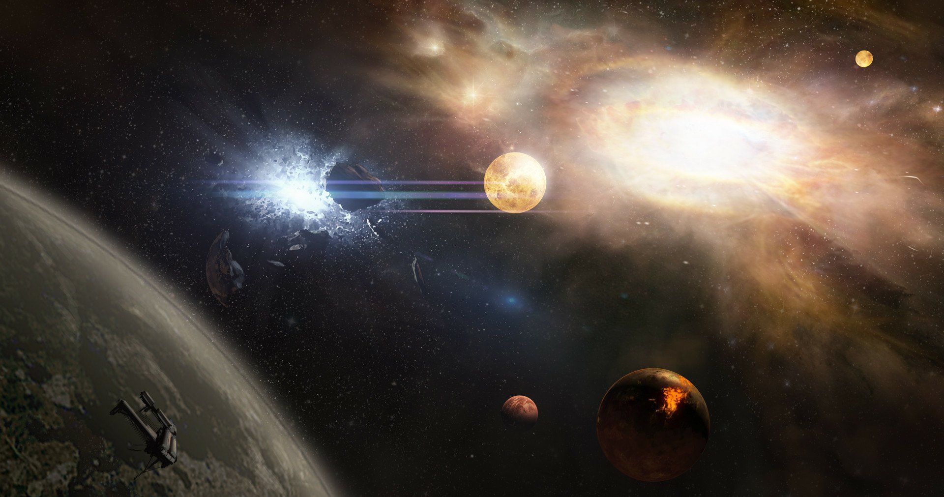 HD PC desktop wallpaper from the video game Star Citizen, featuring a detailed cosmic scene with planets, a bright star, and distant nebulae in deep space.