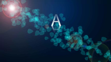 Abstract 4K Ultra HD desktop wallpaper featuring a glowing letter A with a gradient light effect and translucent blue leaf shapes on a dark background.