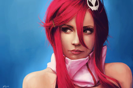 A high-definition wallpaper featuring Yoko Littner from the anime Tengen Toppa Gurren Lagann, showcasing her striking red hair and expressive face against a blue background.