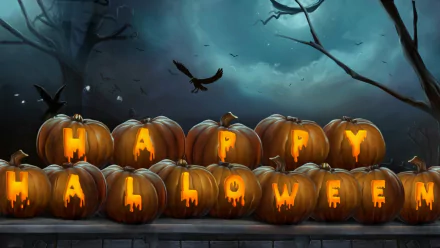 A Halloween-themed HD desktop wallpaper featuring glowing pumpkins arranged to spell Happy Halloween, set against a spooky night sky with crows and bare trees.