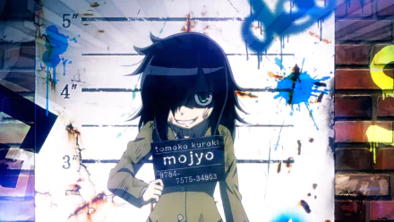HD desktop wallpaper featuring Tomoko Kuroki from the anime Watamote, standing against a graffiti-covered wall with height measurements, holding a sign with her name and other numbers.