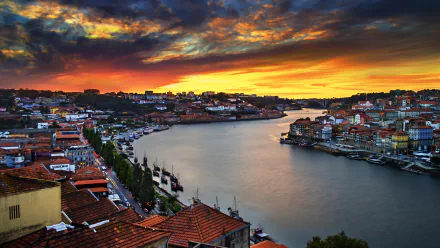 A stunning 4K Ultra HD view of Porto at sunset, showcasing the man-made riverfront with vibrant skies and detailed cityscape along the water.