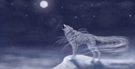 A mystical wolf howls at a glowing moon in a starry night sky, captured in a stunning HD fantasy wallpaper for PC desktops.