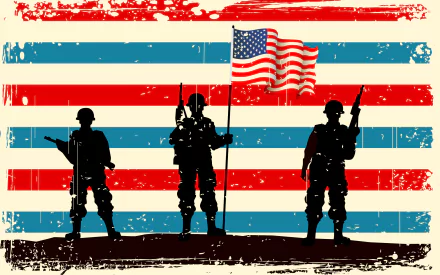 HD PC desktop wallpaper depicting three soldier silhouettes with an American flag against a distressed red, white, and blue striped background for Veterans Day holiday.