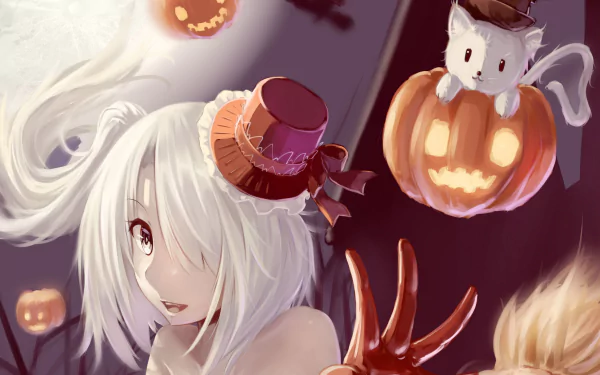 A whimsical anime witch with white hair and a playful cat atop a carved pumpkin, surrounded by glowing jack-o'-lanterns, creating an enchanting Halloween atmosphere.