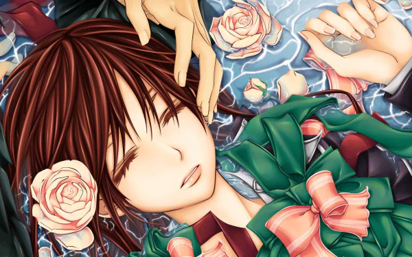 HD anime wallpaper featuring Yuki Kuran from Vampire Knight surrounded by floating roses and water, blending soft colors with detailed character art.