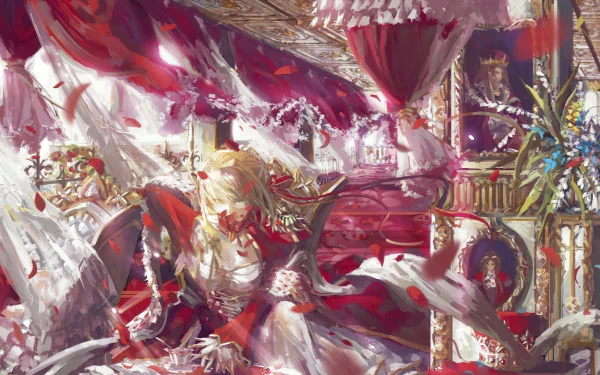 HD desktop wallpaper featuring Red Saber from Fate/extra in an ornate room with red curtains, from the anime series Fate/Stay Night. The scene is highly detailed with vibrant, swirling elements.