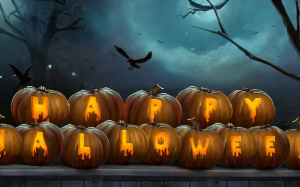 A Halloween-themed HD desktop wallpaper featuring glowing pumpkins arranged to spell Happy Halloween, set against a spooky night sky with crows and bare trees.