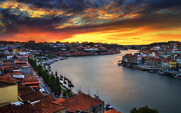 A stunning 4K Ultra HD view of Porto at sunset, showcasing the man-made riverfront with vibrant skies and detailed cityscape along the water.