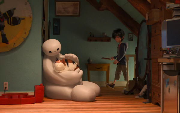 HD wallpaper from the movie Big Hero 6 featuring Hiro Hamada and Baymax in a cozy room; Baymax holds a cat while Hiro stands in the background.