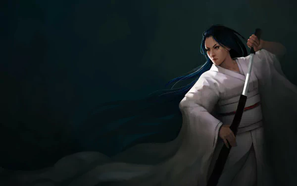 Fantasy woman warrior in flowing white kimono grips a sheathed sword, hair and robes billowing against a dark backdrop — 4K Ultra HD PC desktop wallpaper/background.