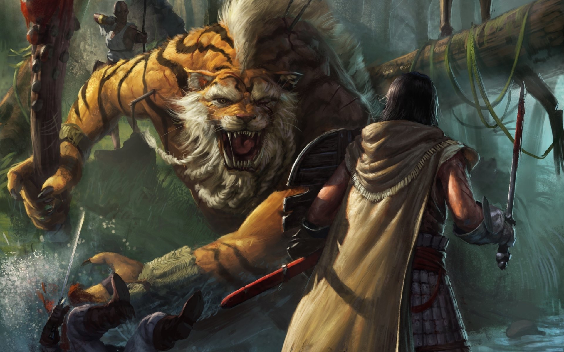 A fantasy warrior faces a fierce, roaring tiger in a dense jungle, surrounded by action and tension. This HD wallpaper captures an epic moment in a fantastical battle.
