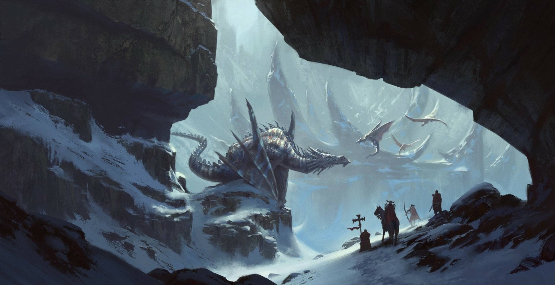A fantasy HD PC desktop wallpaper featuring dragons soaring above a snowy mountain cliff in a dramatic winter landscape.