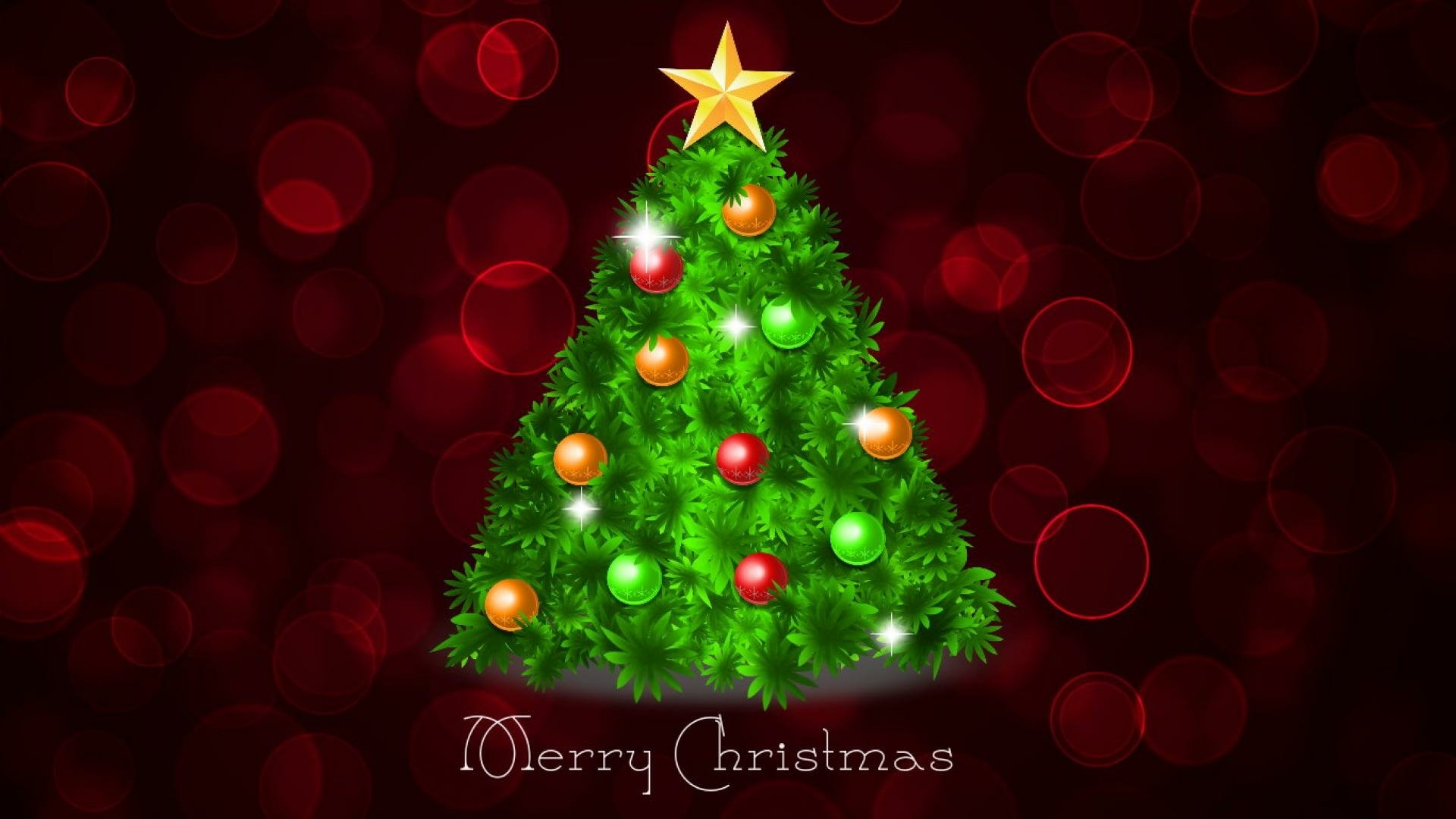 A festive Christmas tree adorned with colorful ornaments and a bright star, set against a warm red background, wishing everyone a Merry Christmas.