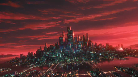 HD desktop wallpaper featuring the futuristic cityscape from Ghost in the Shell Arise with a dramatic red skyline.