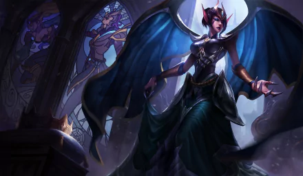Morgana from League of Legends stands dramatically in a 4K Ultra HD wallpaper, showcasing her dark elegance amidst a mystical background.