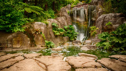 Man-made waterfall and tranquil pond set in a lush rock garden at Golden Gate Park — HD PC desktop wallpaper/background.