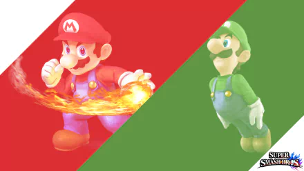 HD PC desktop wallpaper of Mario and Luigi from the video game Super Smash Bros. for Nintendo 3DS and Wii U: Mario lunges with a fiery punch on a red panel, Luigi stands on a green panel.
