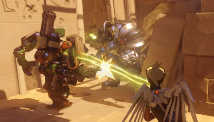 HD PC desktop wallpaper featuring Overwatch heroes Reinhardt, Bastion, and Mercy engaged in battle from the video game Overwatch.