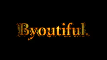 Fire-themed HD PC desktop wallpaper/background showing the word Byoutiful in glowing golden-orange, flame-textured letters on a black background.