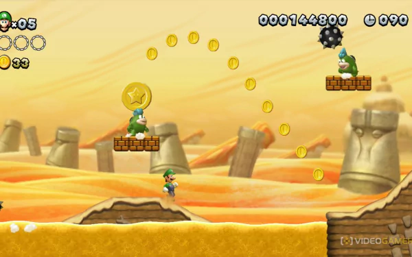 HD desktop wallpaper featuring a New Super Luigi U gameplay scene with Luigi and a Koopa Paratroopa amidst gold coins and platform obstacles.