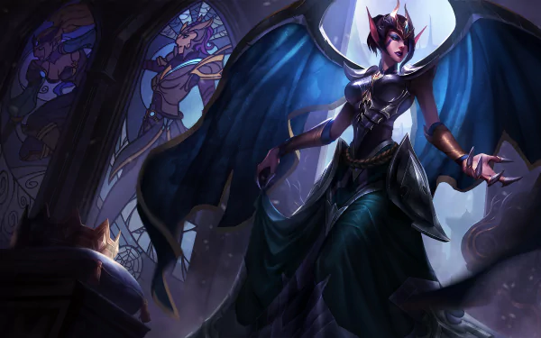 Morgana from League of Legends stands dramatically in a 4K Ultra HD wallpaper, showcasing her dark elegance amidst a mystical background.