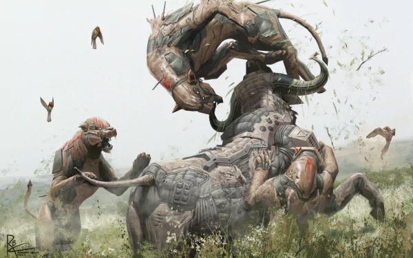 Sci‑Fi 4K Ultra HD PC desktop wallpaper background: robotic predators ambush a towering armored beast, agile metal creatures leaping and grappling amid windswept grass and debris.