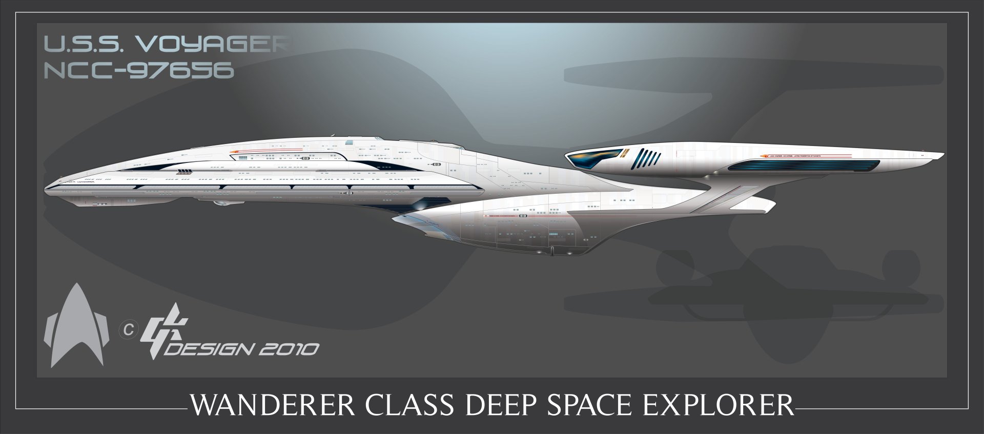 A sleek Wanderer Class Deep Space Explorer from the Star Trek universe, depicted in a vibrant 4K Ultra HD design, showcasing futuristic aesthetics and space exploration themes.