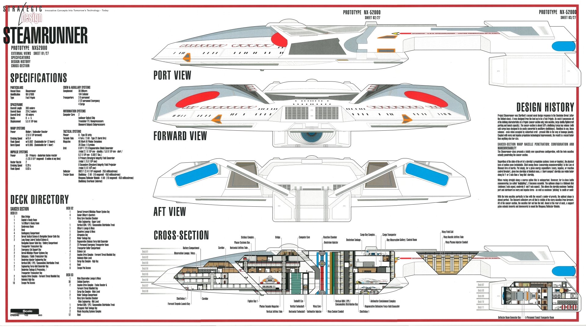 Sci-fi Star Trek starship schematic: labeled port/forward/aft views and internal cross-sections with technical notes — 8K Ultra HD PC desktop wallpaper background.