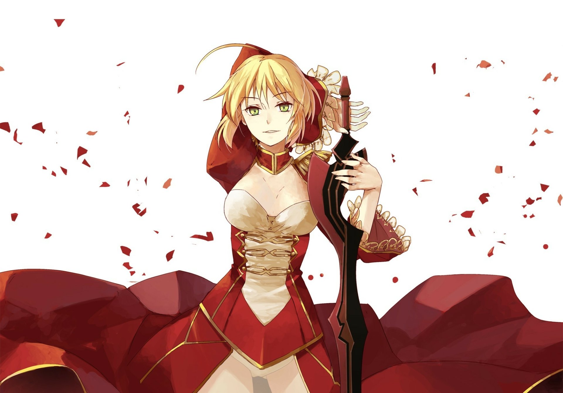 An HD desktop wallpaper featuring Red Saber from Fate/Stay Night and Fate/Extra, exuding strength and elegance amidst a backdrop of falling petals.