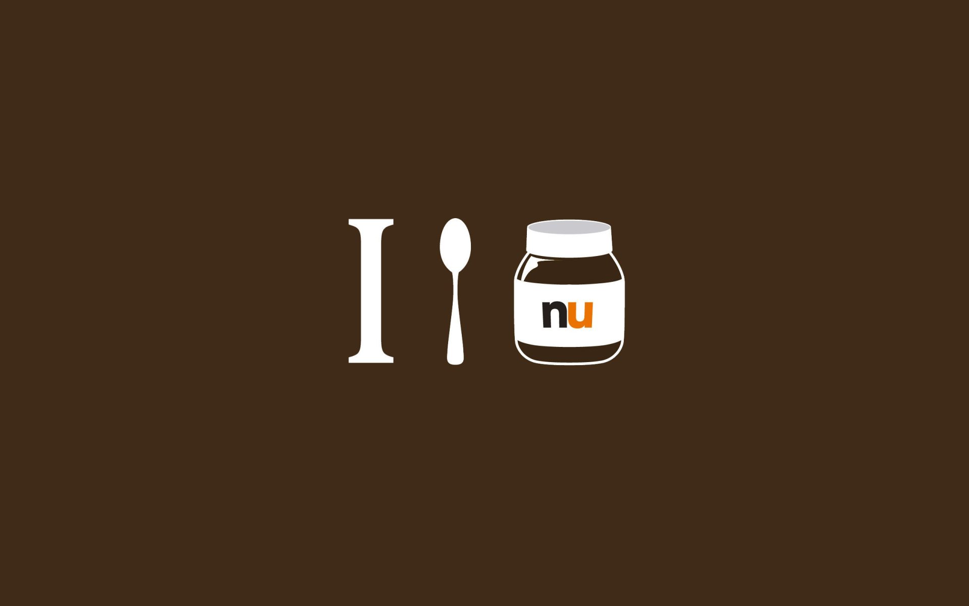 Funny food-themed 2K Quad HD PC desktop wallpaper: white I, spoon icon, and a jar labeled nu on a chocolate-brown background.