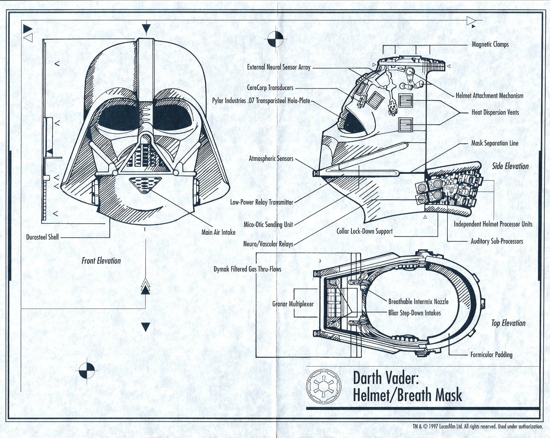 Detailed diagram of Darth Vader's helmet from Star Wars, showcasing its various components and features, presented as an HD desktop wallpaper and background.