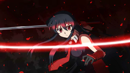 Akame from *Akame Ga Kill!* stands poised with her sword, surrounded by swirling red petals against a dark backdrop. A striking HD desktop wallpaper for fans of the anime.