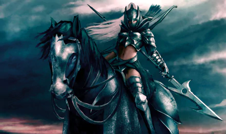 HD fantasy PC wallpaper depicting a fierce woman warrior in dark armor riding a black horse under a stormy sky.