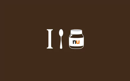 Funny food-themed 2K Quad HD PC desktop wallpaper: white I, spoon icon, and a jar labeled nu on a chocolate-brown background.