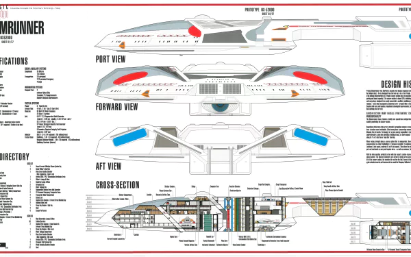 Sci-fi Star Trek starship schematic: labeled port/forward/aft views and internal cross-sections with technical notes — 8K Ultra HD PC desktop wallpaper background.