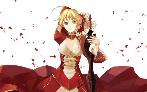 An HD desktop wallpaper featuring Red Saber from Fate/Stay Night and Fate/Extra, exuding strength and elegance amidst a backdrop of falling petals.