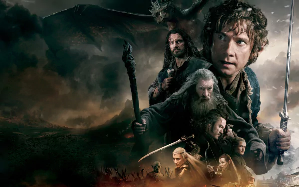 A dynamic HD wallpaper featuring characters from The Hobbit: The Battle of the Five Armies, showcasing epic battles and dramatic landscapes.