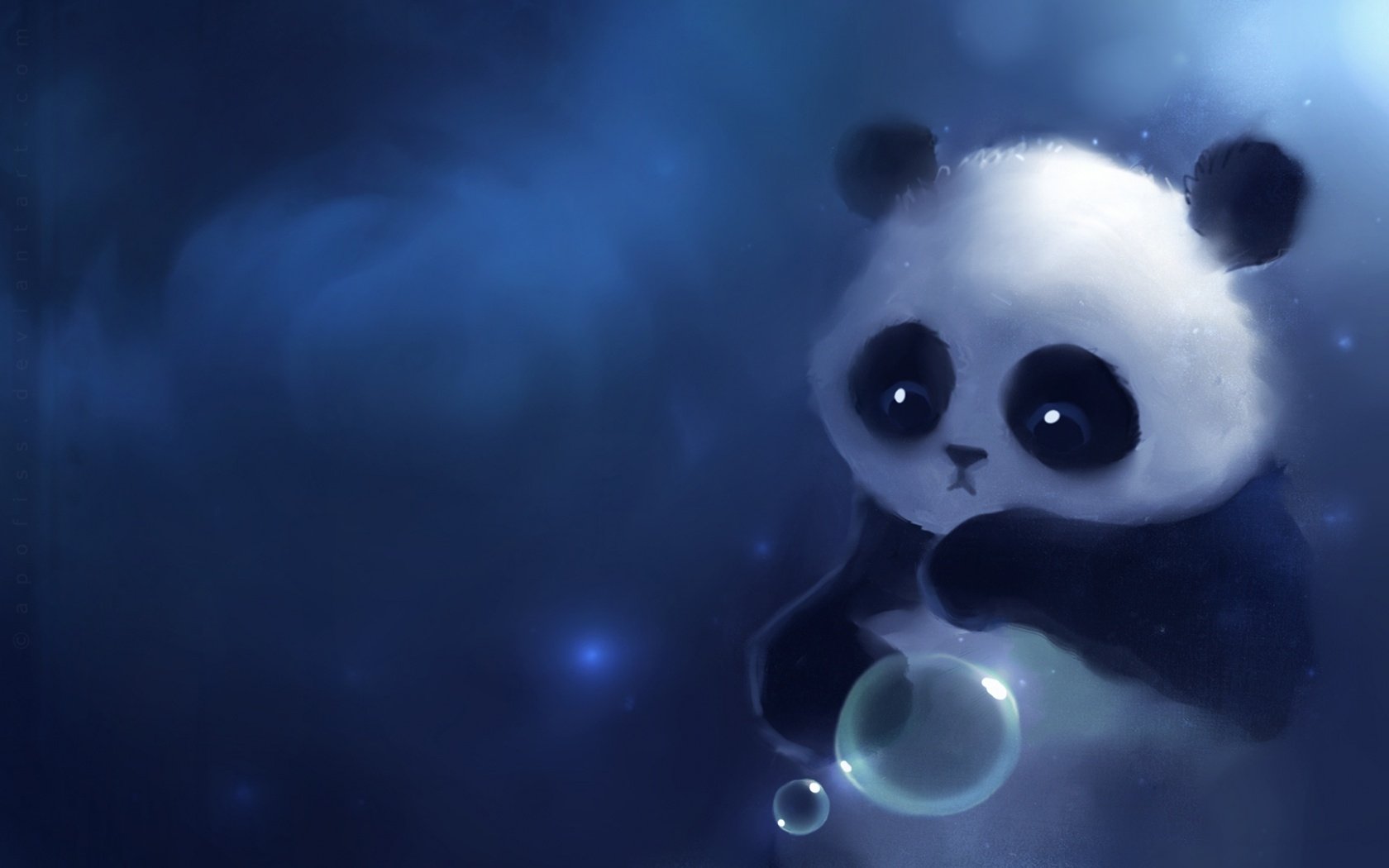 Artistic HD desktop wallpaper featuring a softly lit, serene panda with glowing bubbles against a dreamy, dark blue background.