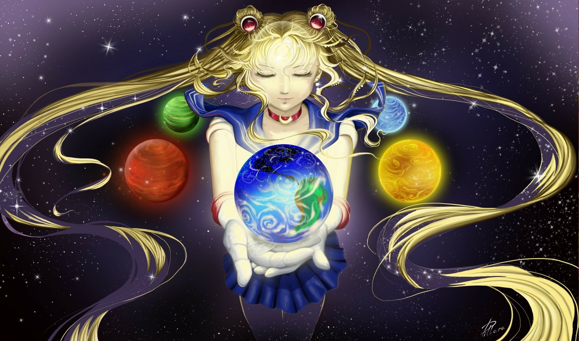 HD PC desktop wallpaper featuring Sailor Moon holding a glowing Earth orb, surrounded by planets against a starry space background in anime style.